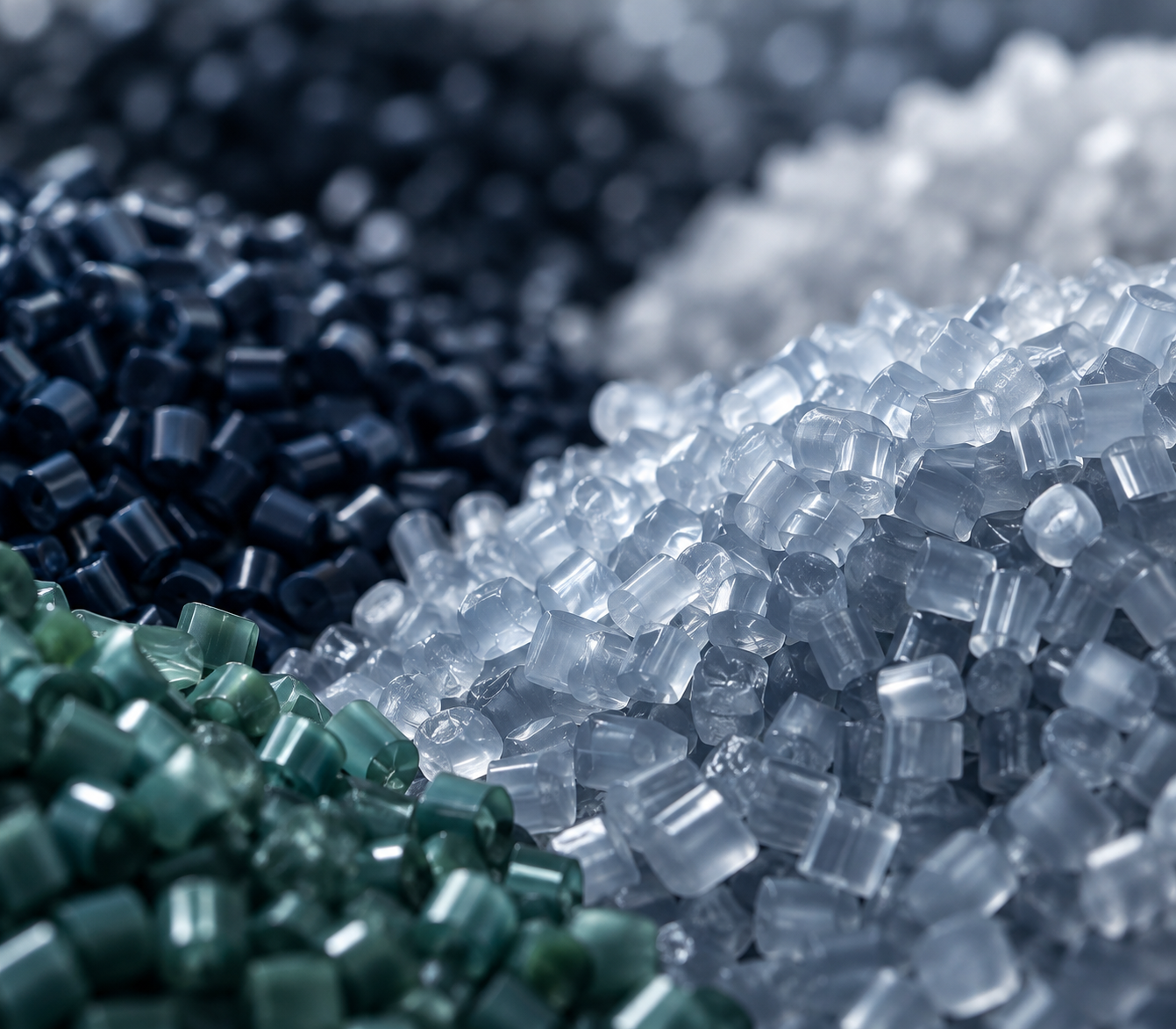 AI-generated illustration of dark, translucent and green industrial material pellets
