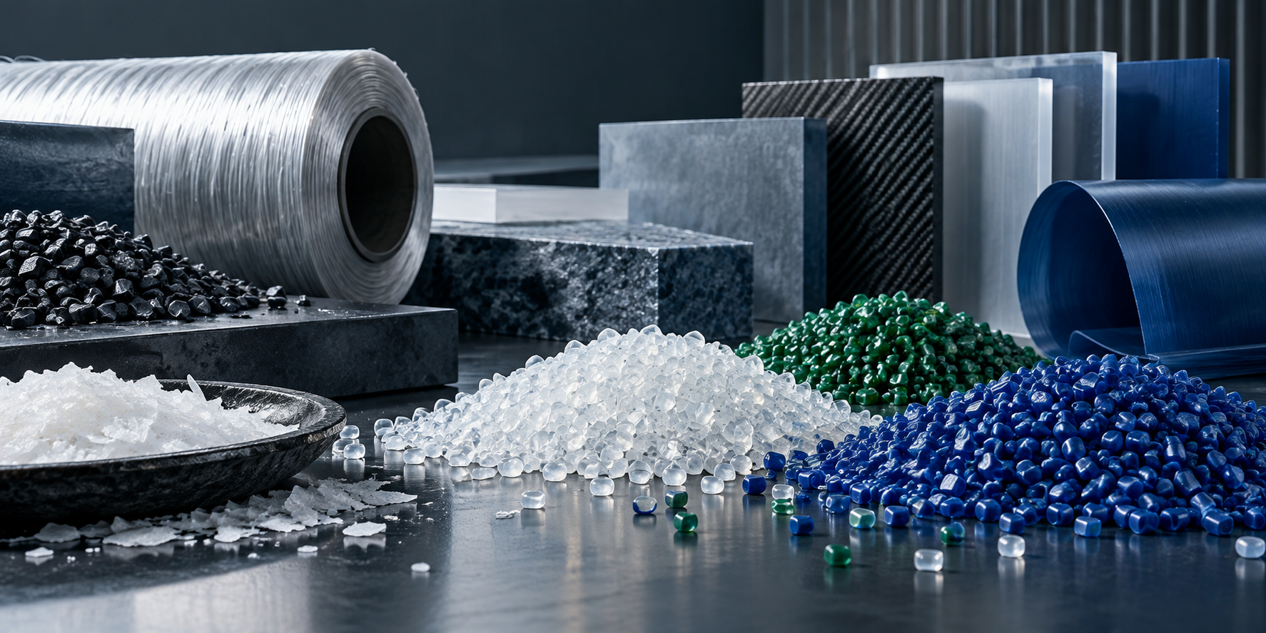 AI-generated illustration of assorted industrial material forms and pellets